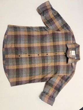 Billy Reid Tuscumbia Plaid Flannel Shirt Mens L Relaxed Fit Gray Gold Burgundy